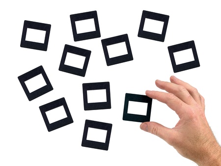 Photographic slides isolated against a white backgroundの写真素材