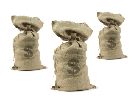 Hessian bags with cash isolated against a white backgroundの写真素材