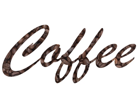 An up close shot of coffee beans with the word coffeeの写真素材