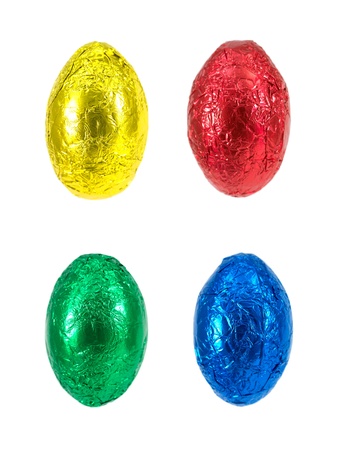 Chocolate Easter eggs isolated against a white backgroundの写真素材