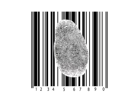A barcode with a finger print isolated against a white backgroundの写真素材