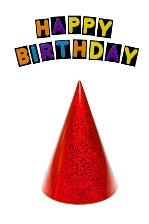 Party items with a happy birthday isolated against a white backgroundの写真素材