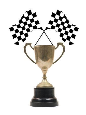 Checkered flags and a trophy isolated against a white backgroundの写真素材