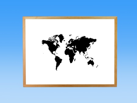 A white board with a world map isolated against a blue backgroundの写真素材