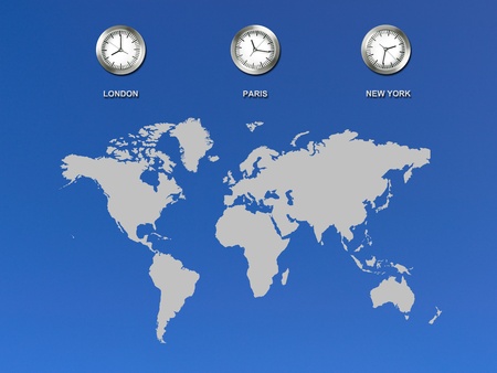 An illustration of a world map with clocksの写真素材
