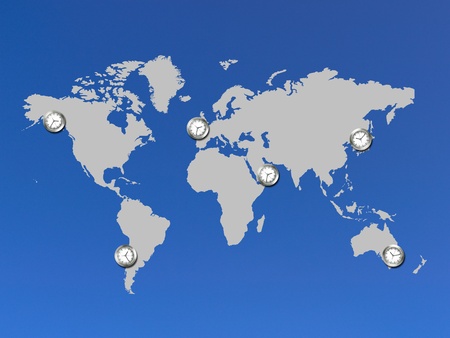 An illustration of a world map with clocksの写真素材