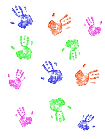 Feet and hand prints on a white backgroundの写真素材