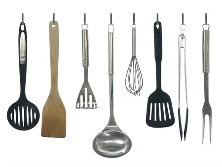 Kitchen utensils isolated against a white backgroundの写真素材