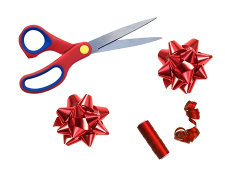 Christmas gift wrapping isolated against a white backgroundの写真素材