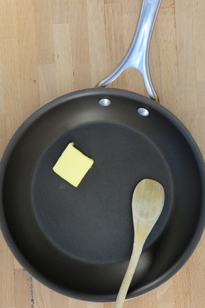 A close up shot of a kitchen frying panの写真素材