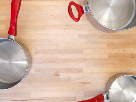 A close up shot of kitchen pots and pansの写真素材