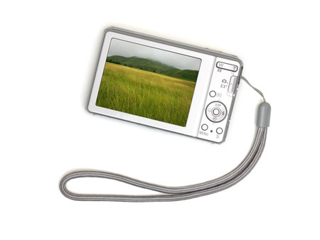 A close up of a compact digital camera