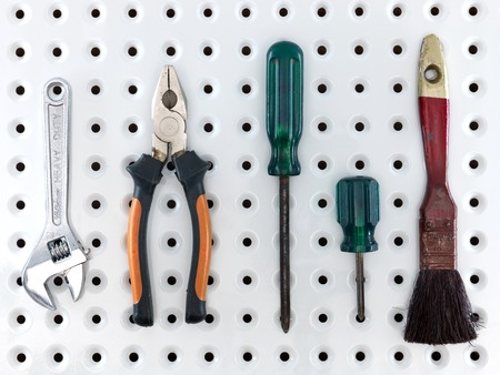 A close up shot of a workshop peg boardの写真素材
