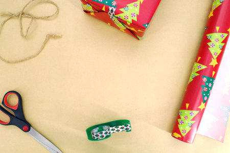 A close up shot of christmas presents wrapping paper