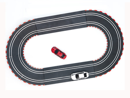 A studio photo of a slot car race setの写真素材