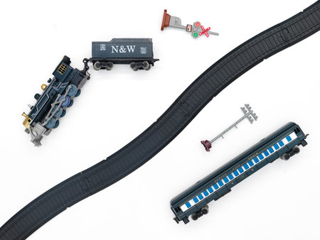 A close studio photo of a toy train set