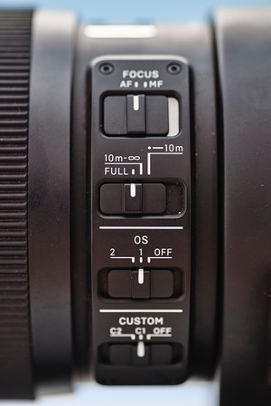 A studio photo of a modern telephoto zoom lensの写真素材