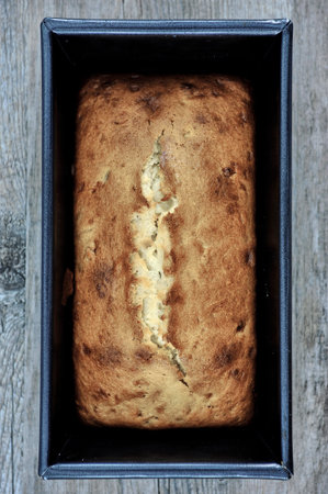 A studio photo of a banana cake