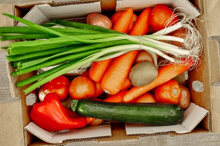 A studio photo of a fruit and vegetable boxの写真素材