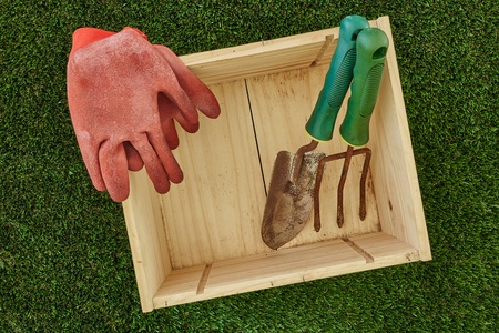A studio photo of a garden equipment of artificial turfの写真素材