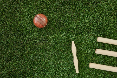 A studio photo of cricket gear on grassの写真素材