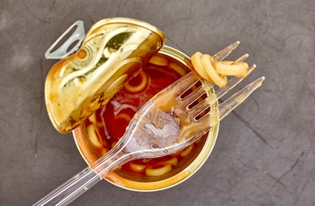 A studio photo of tinned spaghettiosの写真素材
