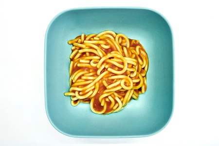 A studio photo of canned spaghettiの写真素材