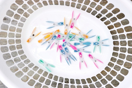 A studio photo of clothes line pegsの写真素材