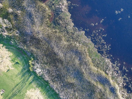 A aerial drone image of a lakeの写真素材