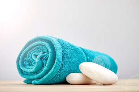 A studio photo of bath towelsの写真素材