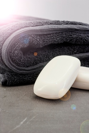 A studio photo of a black bathing towelの写真素材