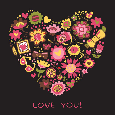 Love Heart made of flowers and fashionable thingsのイラスト素材