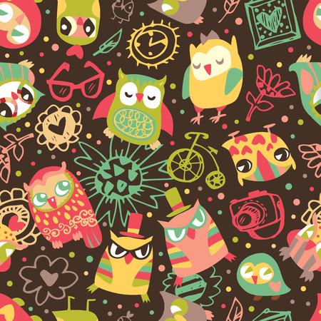 Owl seamless background with flower and fashionable things.のイラスト素材