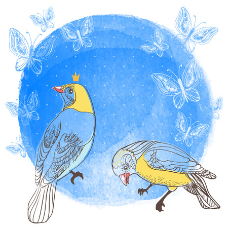 Birds and butterfly on water color background. Hand drawn Card. You can create design of greeting cards, invitations, seasonal cards, gift tags and many other thingsのイラスト素材
