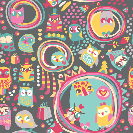 Owl seamless background. Hand drawn のイラスト素材