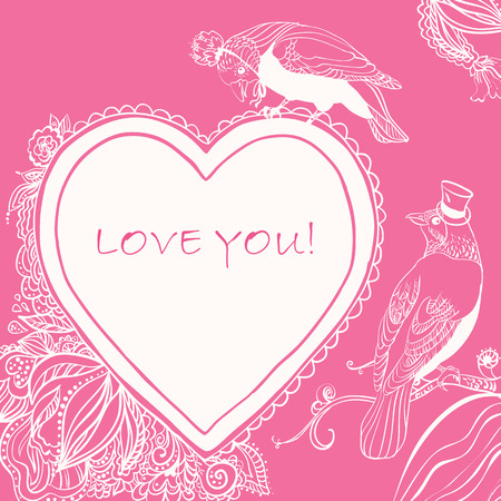 Love Heart Card with Birds and Flowers. can be used as creating card, wedding invitation, birthday, valentine's day and other holiday and summer or spring background.のイラスト素材