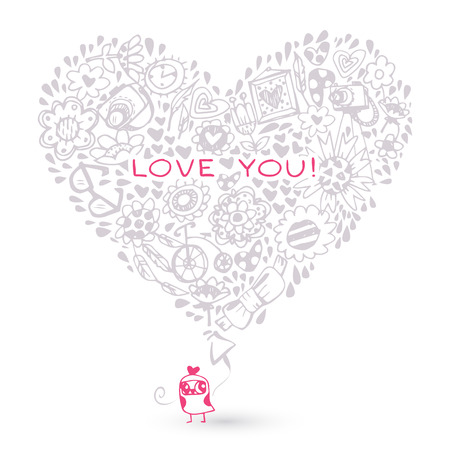 Heart love pattern and Owl. Template for design romantic greeting card, wedding invitation, Valentines day backgroundのイラスト素材