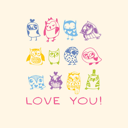 Owls Love card. Template for design cartoon greeting card, Valentines day backgroundのイラスト素材