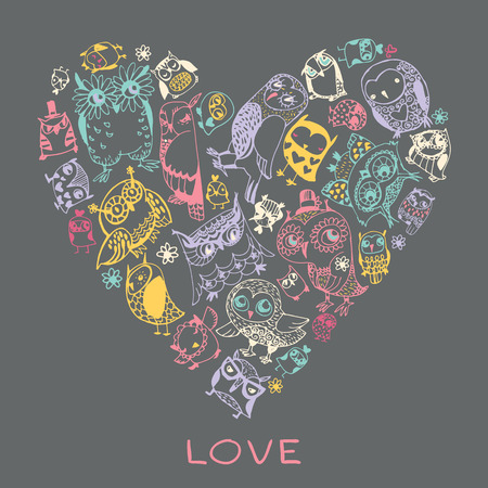 Heart love pattern with Owls. Template for design romantic greeting card, wedding invitation, Valentines day backgroundのイラスト素材