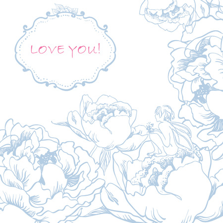 Love Greeting Card with Flowers and cute little Fairy.  can be used as creating card, wedding invitation, birthday, valentine's day and other holiday and summer or spring background.のイラスト素材