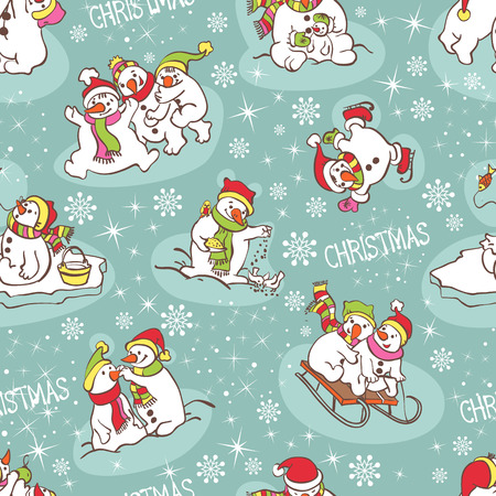 Snowman seamless pattern. Template for christmas winter design. Seamless pattern can be used for wallpaper, pattern fills, web page background, surface textures.のイラスト素材
