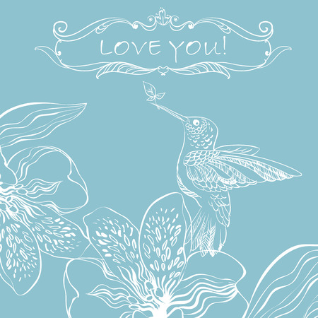 Love Greeting Card with Bird and Flowers. Vector illustration, can be used as creating card, wedding invitation, birthday, valentine's day and other holiday and summer or spring background.のイラスト素材