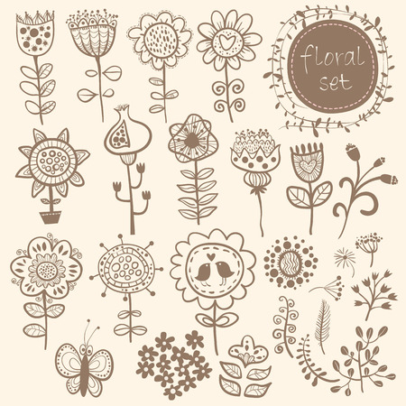 Flowers. Hand Drawn floral elements with birds and butterfly. のイラスト素材