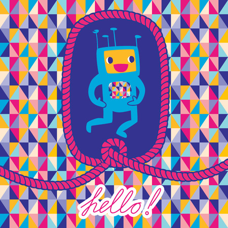 Greeting card "Hello" with robot and rope frame. Abstract Triangle Geometrical seamless background. のイラスト素材