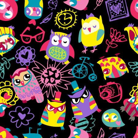Owl seamless background. Hand drawn vector illustration.のイラスト素材