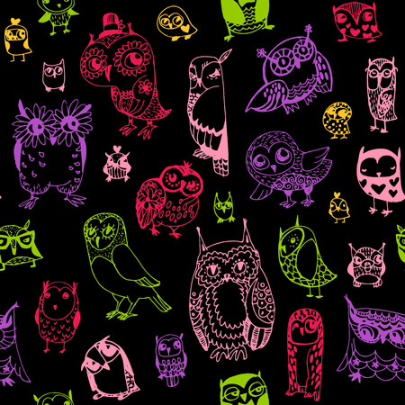 Owl seamless background. Hand drawn vector illustration.のイラスト素材