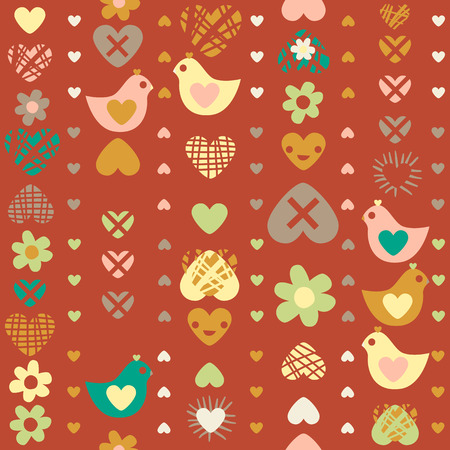 heart bird flower seamless pattern on dark background. のイラスト素材