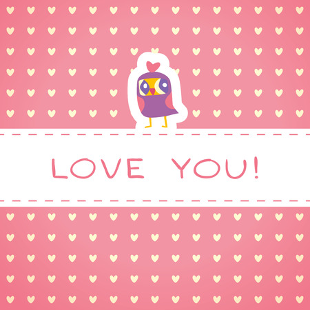 Owls cute greeting card and hearts seamless background. Place for text. Hand drawn vector illustration. Template for design cartoon greeting card, Valentines day backgroundのイラスト素材