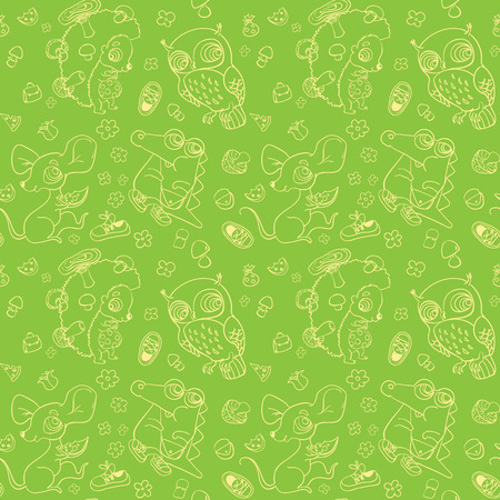 Kids seamless background. Set of cute animals: owl, crocodile, mouse, hedgehog. Seamless pattern can be used for wallpaper, pattern fills, web page background, surface texturesのイラスト素材