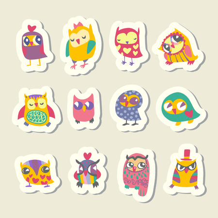 Set of cartoon owls stickersのイラスト素材